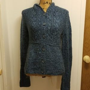Blue Knit Button Down Hooded Sweater Cardigan